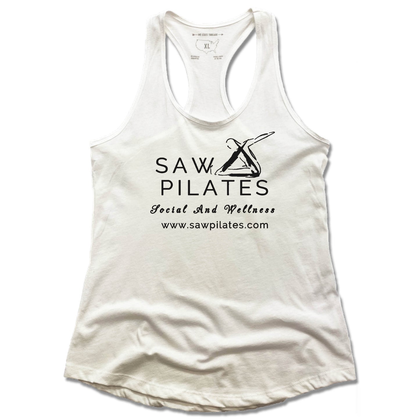 SAW PILATES | LADIES WHITE TANK | BLACK LOGO