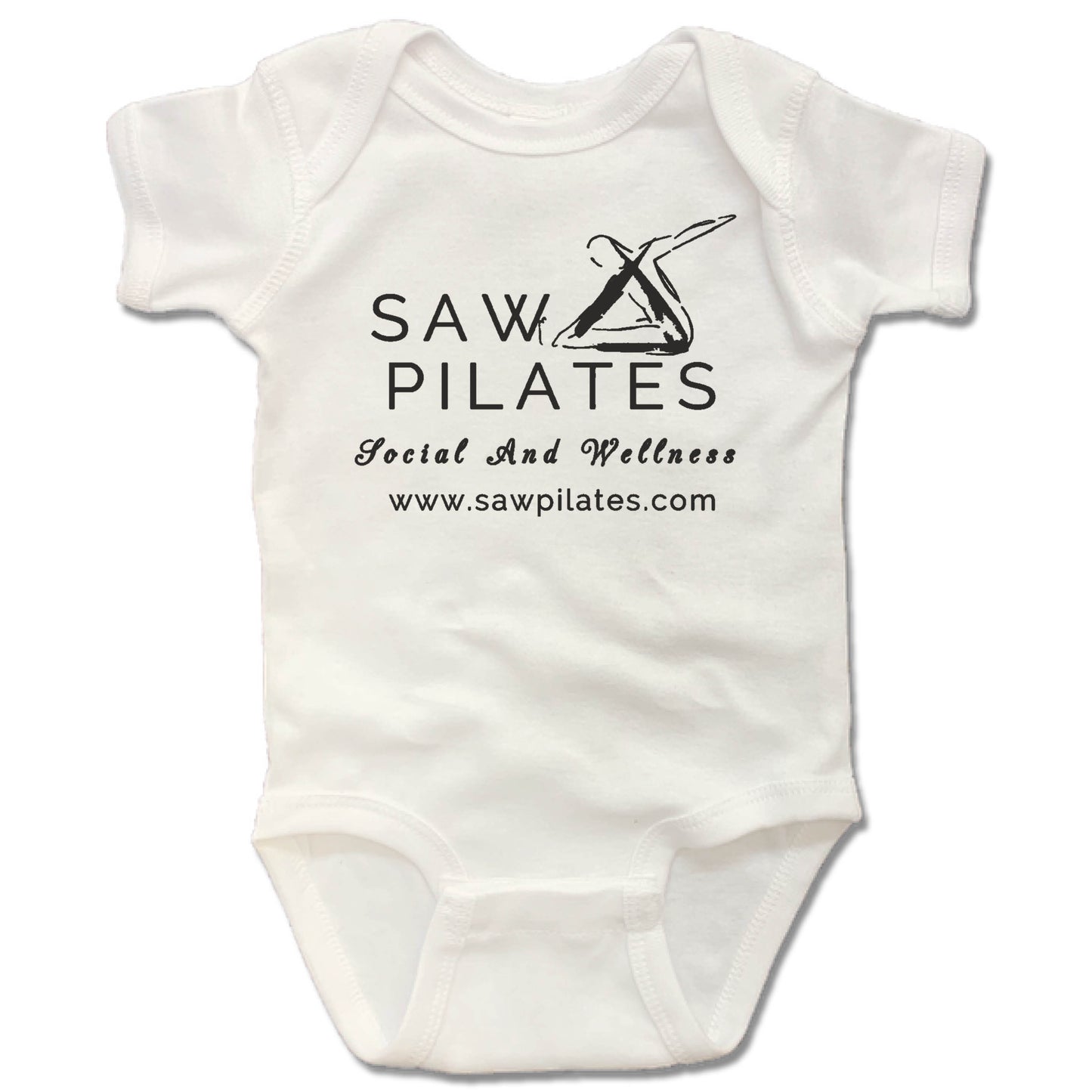 SAW PILATES | WHITE ONESIE | BLACK LOGO