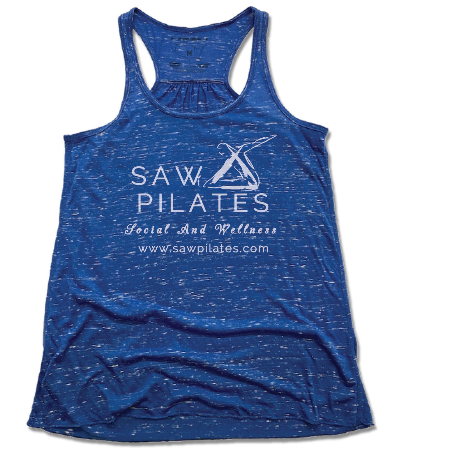 SAW PILATES | LADIES BLUE FLOWY TANK | WHITE LOGO