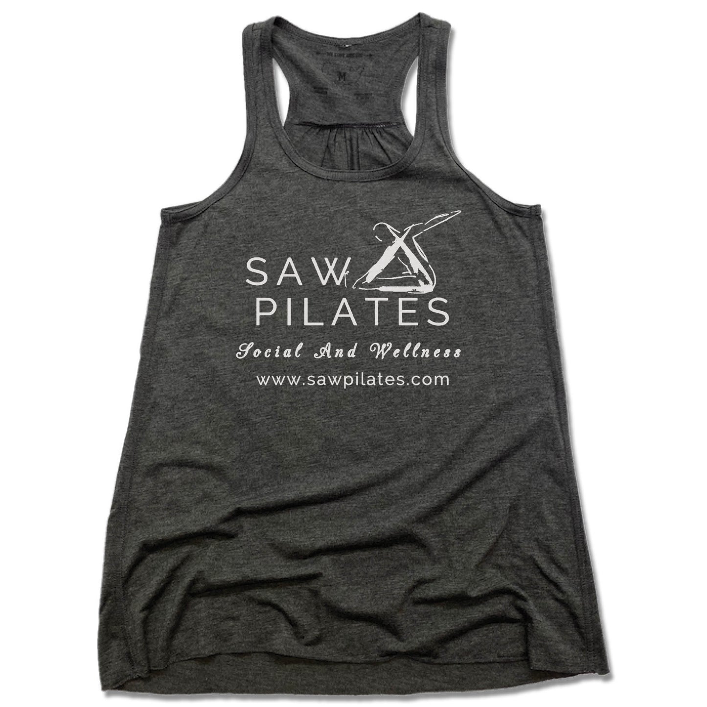 SAW PILATES | LADIES GRAY FLOWY TANK | WHITE LOGO