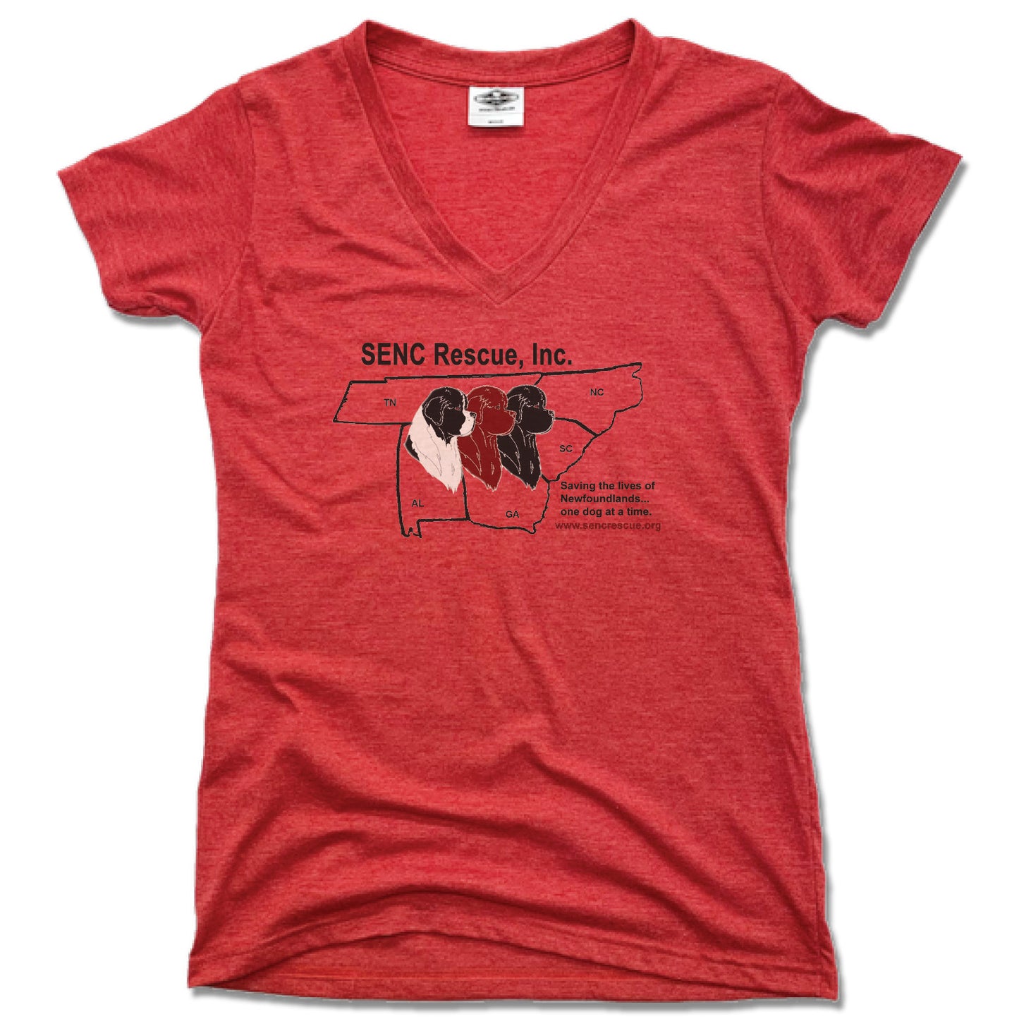 SENC RESCUE, INC. | LADIES RED V-NECK | BLACK LOGO