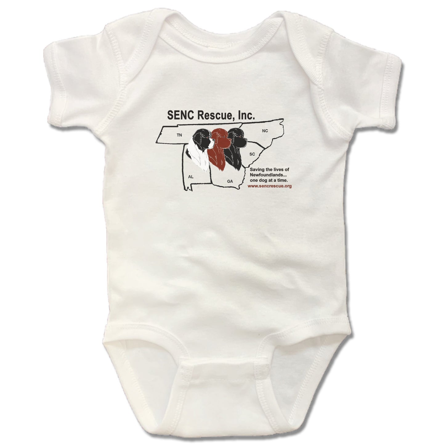 SENC RESCUE, INC. | WHITE ONESIE | BLACK LOGO