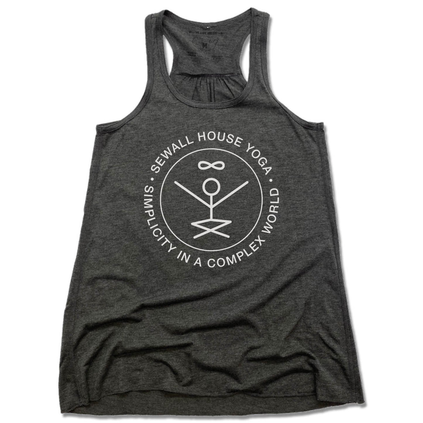 SEWALL HOUSE YOGA RETREAT | LADIES GRAY FLOWY TANK | WHITE LOGO
