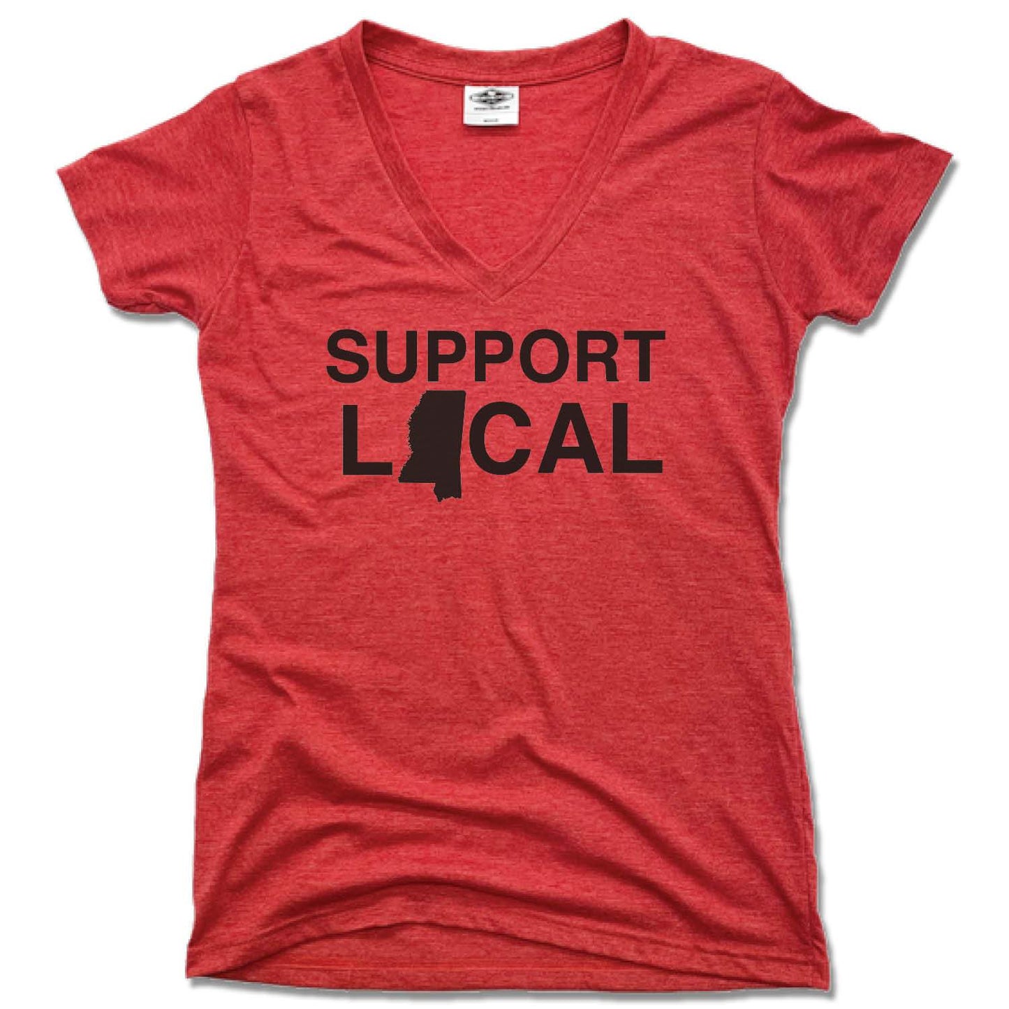 SUPPORT LOCAL | LADIES RED V-NECK | MISSISSIPPI - My State Threads