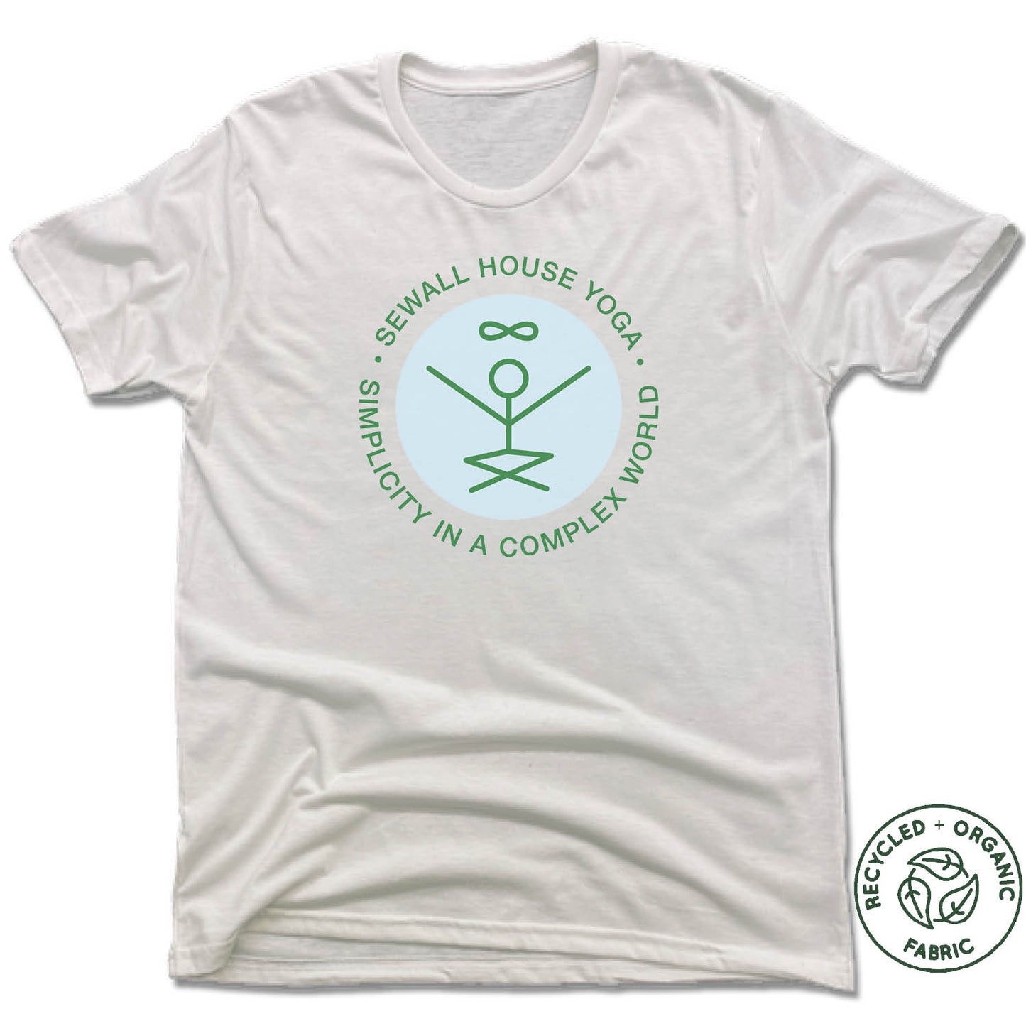 SEWALL HOUSE YOGA RETREAT | UNISEX WHITE Recycled Tri-Blend | GREEN LOGO