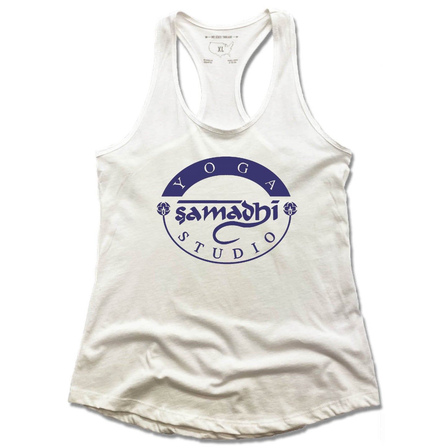 SAMADHI YOGA STUDIO | LADIES WHITE TANK | NAVY BLUE LOGO