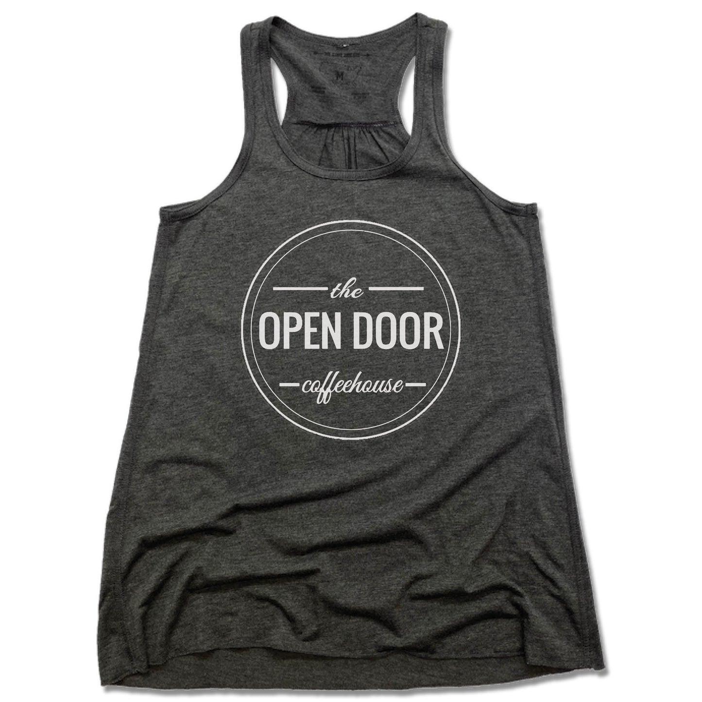THE OPEN DOOR | LADIES GRAY FLOWY TANK | LOGO - WHITE