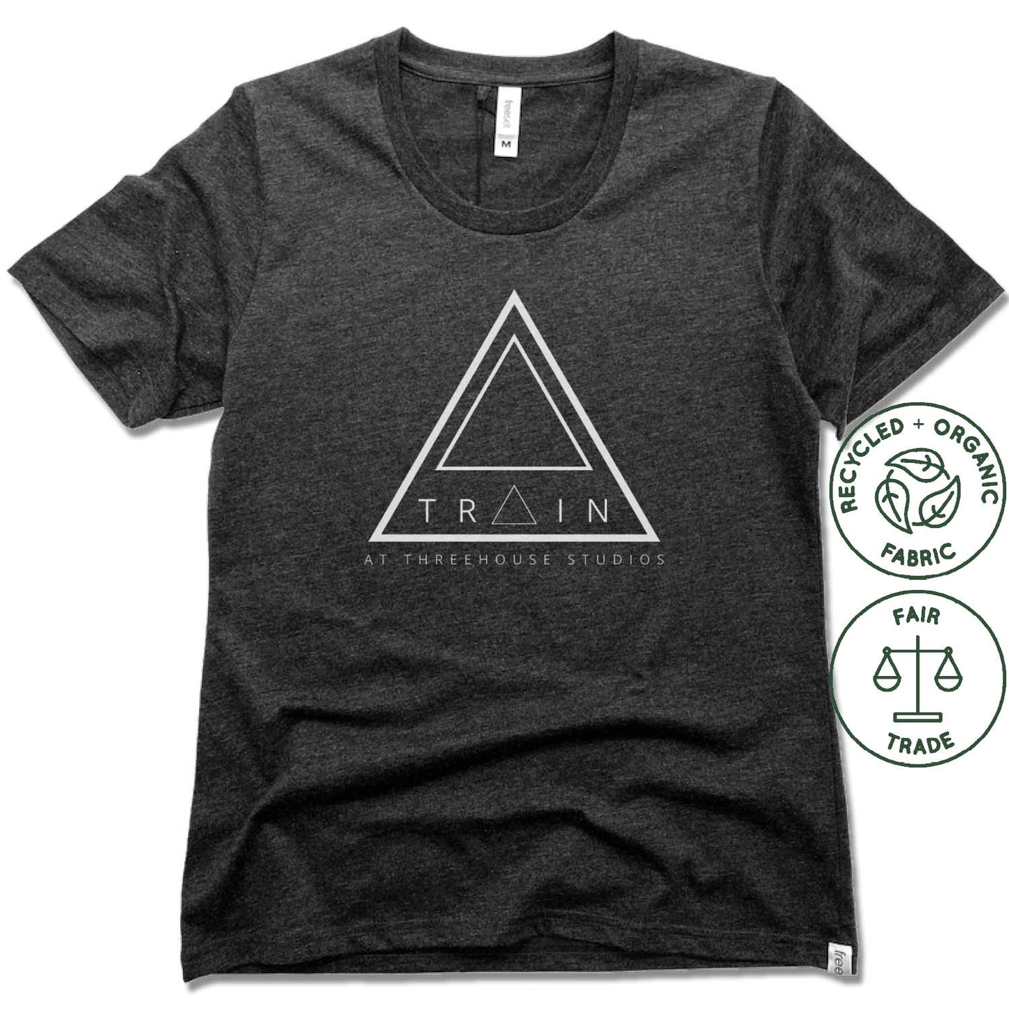 THREEHOUSE STUDIOS | FAIRTRADE FREESET BLACK LADIES TEE | TRAIN WHITE LOGO