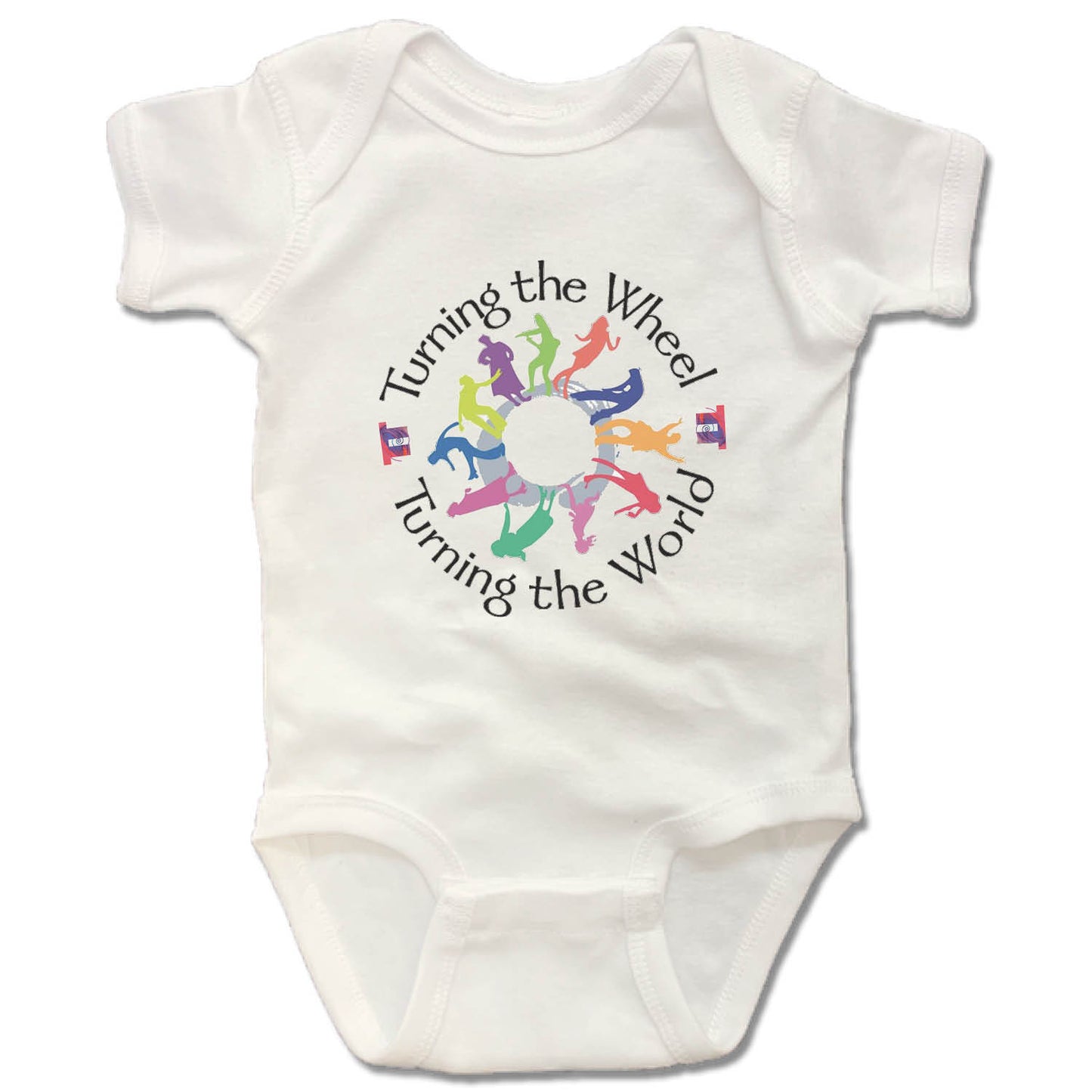 TURNING THE WHEEL PRODUCTIONS | WHITE ONESIE | BLACK LOGO