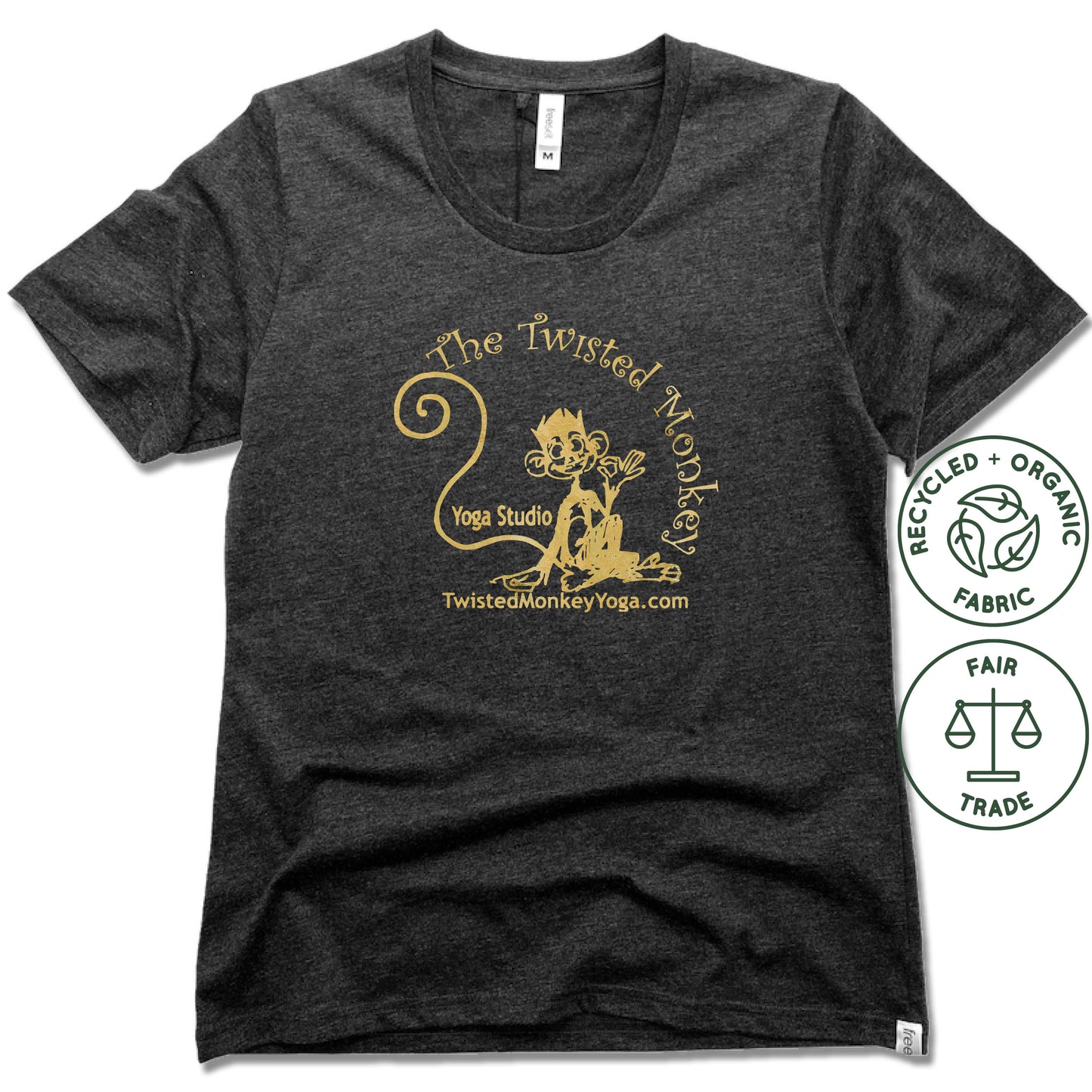TWISTED MONKEY YOGA | FAIRTRADE FREESET BLACK LADIES TEE | GOLD LOGO