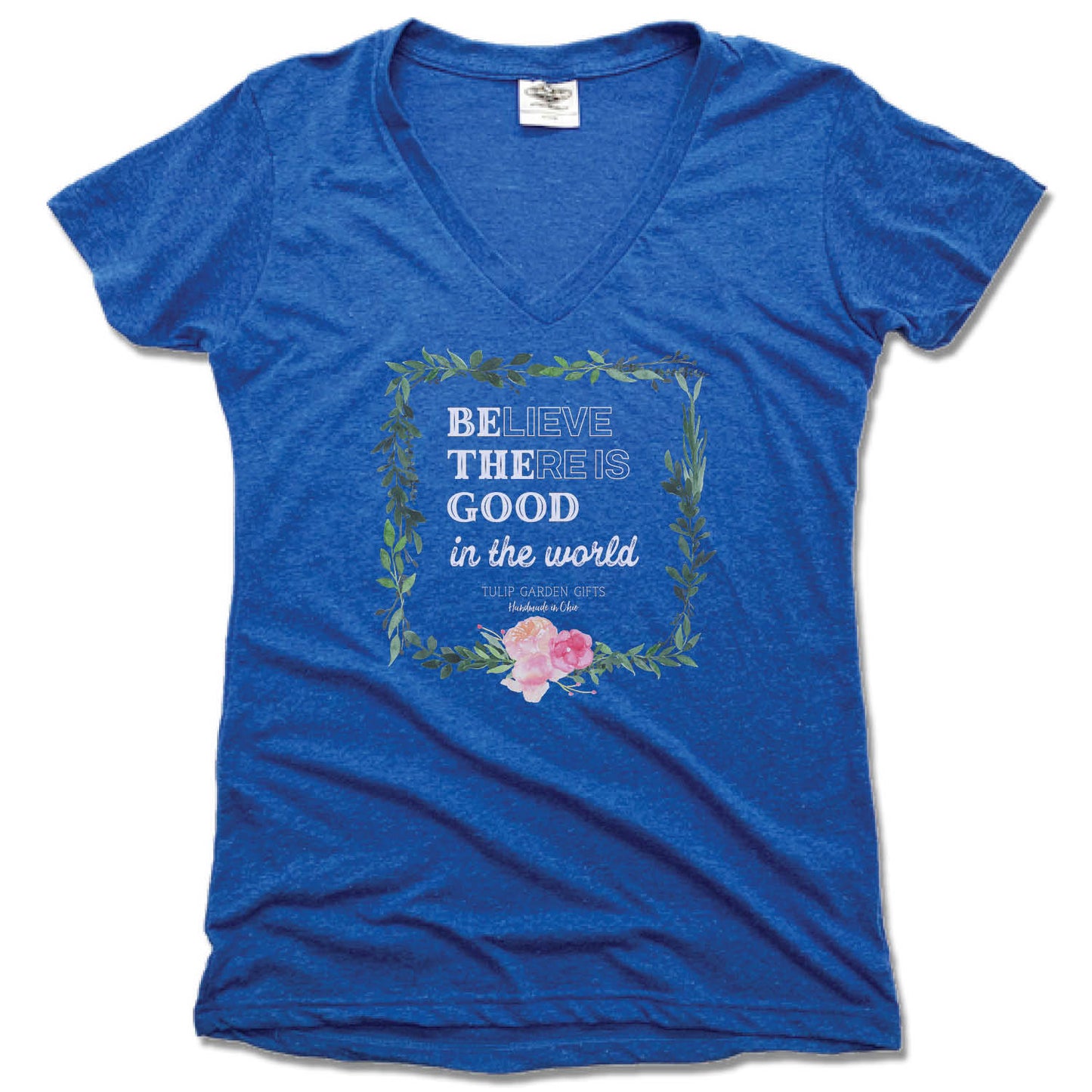 TULIP GARDEN GIFTS | LADIES BLUE V-NECK | TULIP WHITE LOGO