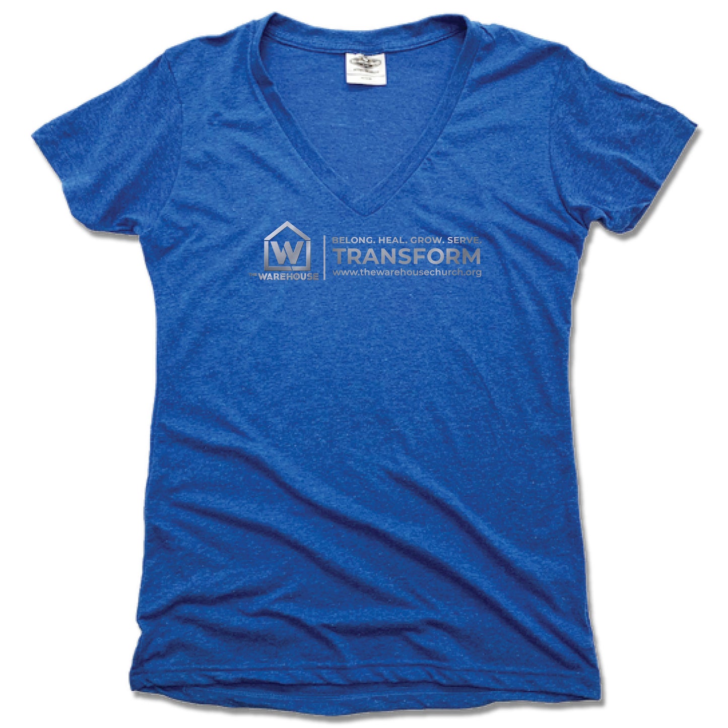 THE WAREHOUSE CHURCH | LADIES BLUE V-NECK | SILVER LOGO - My State Threads
