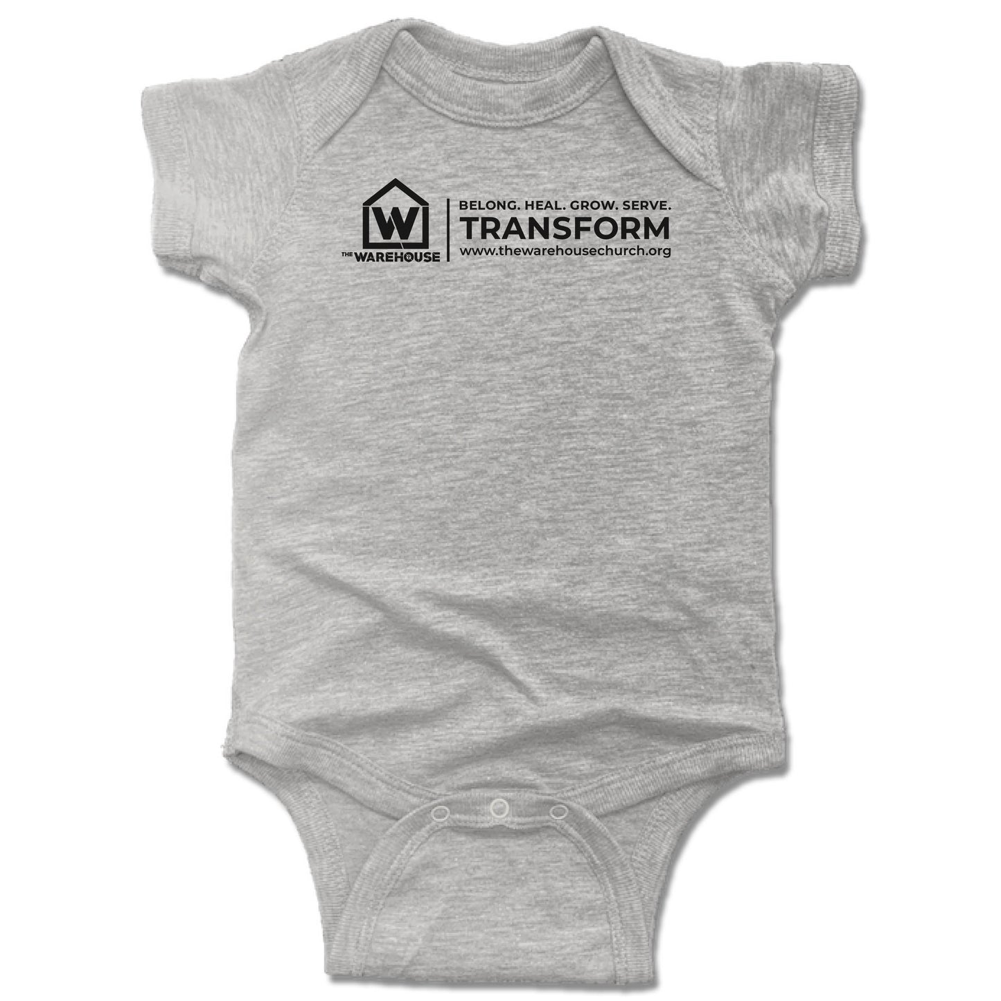 THE WAREHOUSE CHURCH | GRAY ONESIE | BLACK LOGO