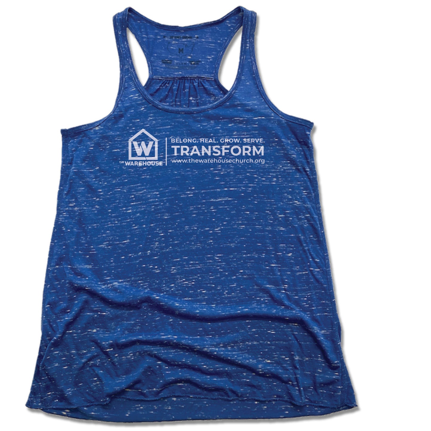 THE WAREHOUSE CHURCH | LADIES BLUE FLOWY TANK | WHITE LOGO