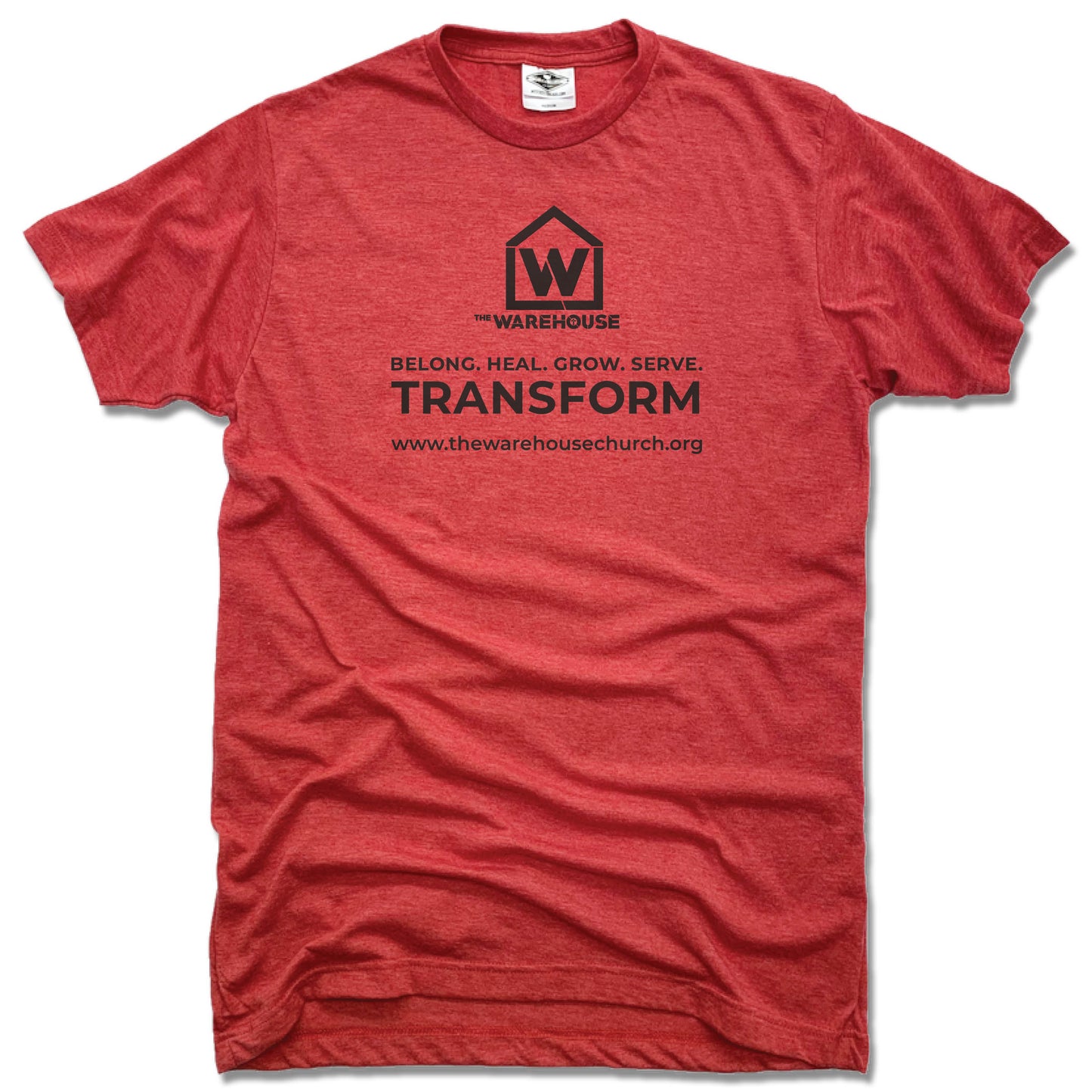 THE WAREHOUSE CHURCH | UNISEX RED TEE | MONOGRAM BLACK