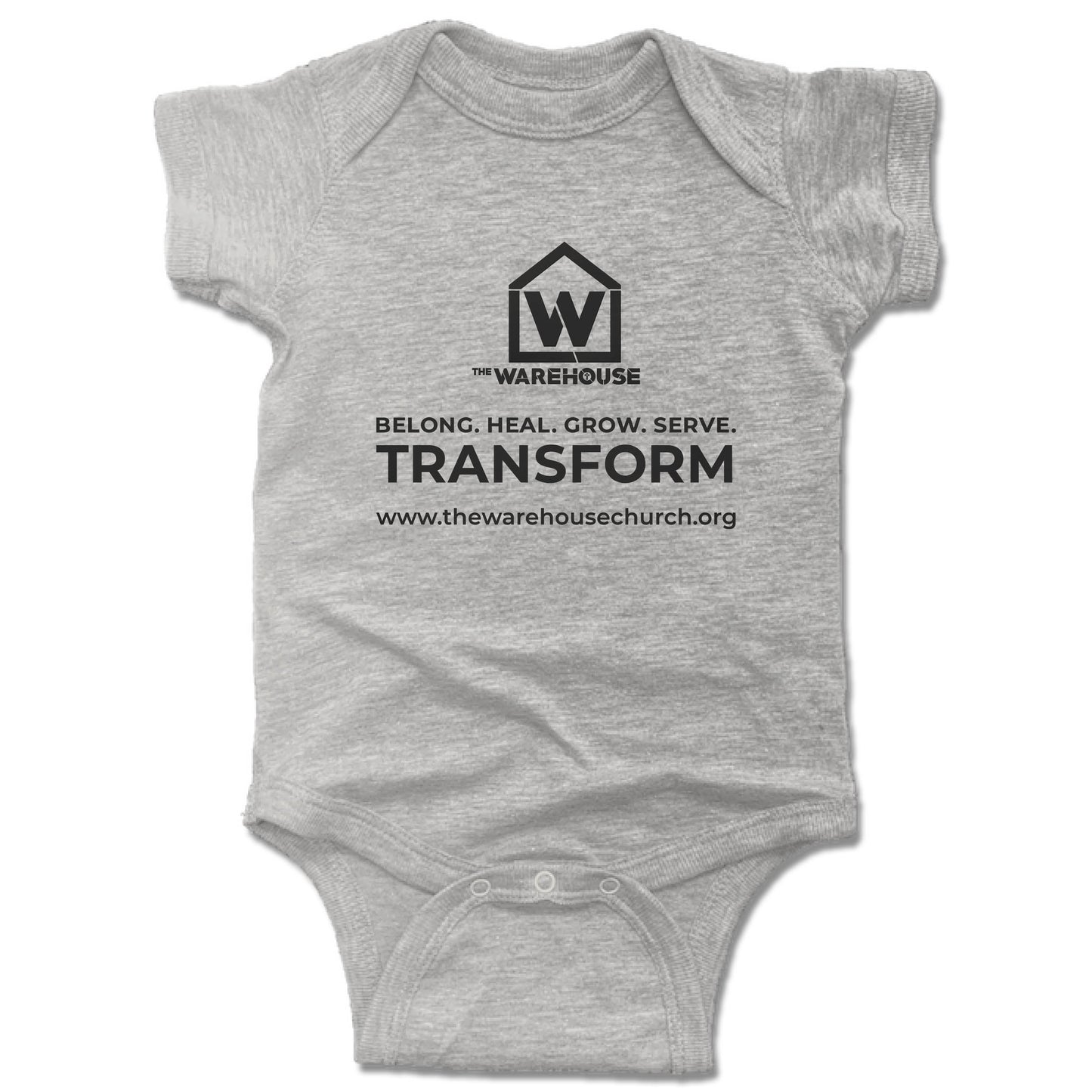 THE WAREHOUSE CHURCH | GRAY ONESIE | MONOGRAM BLACK