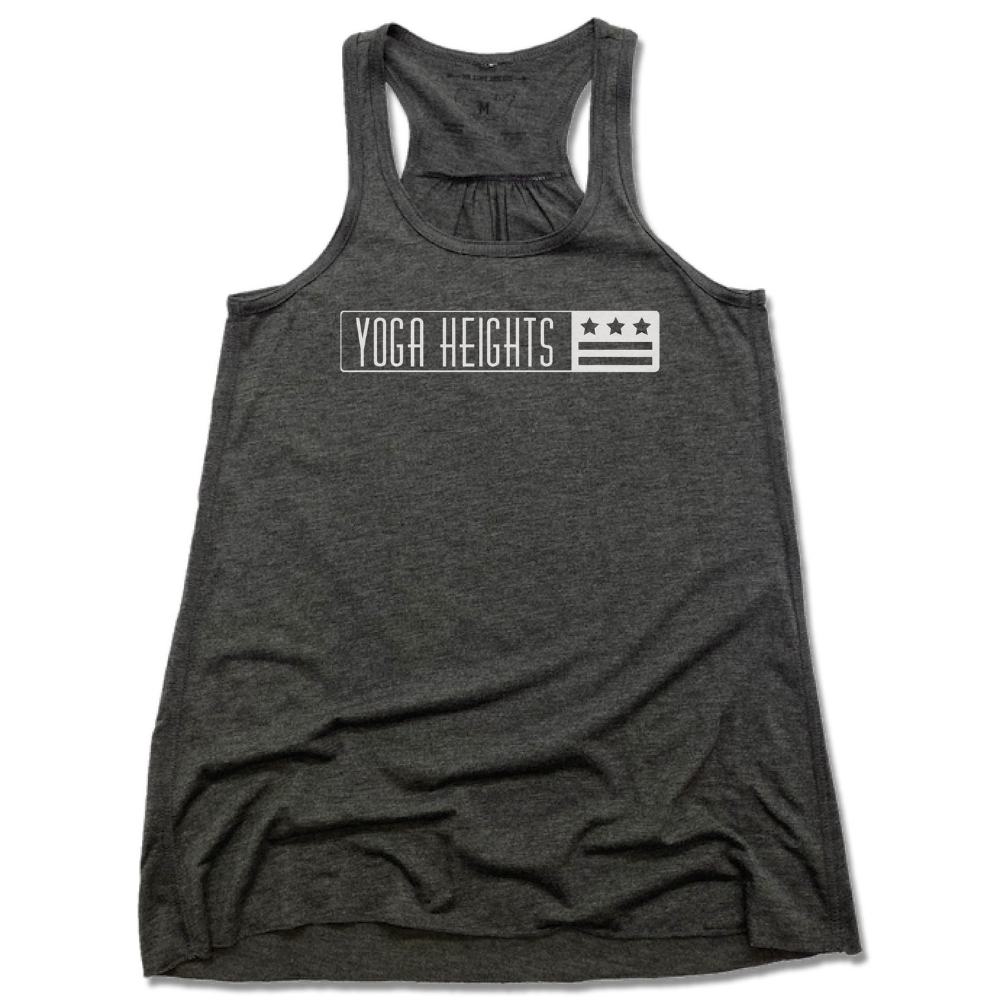 YOGA HEIGHTS | LADIES GRAY FLOWY TANK | YH WHITE LOGO