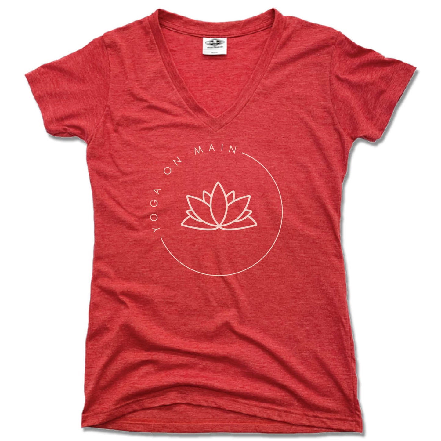 YOGA ON MAIN | LADIES RED V-NECK | WHITE LOGO