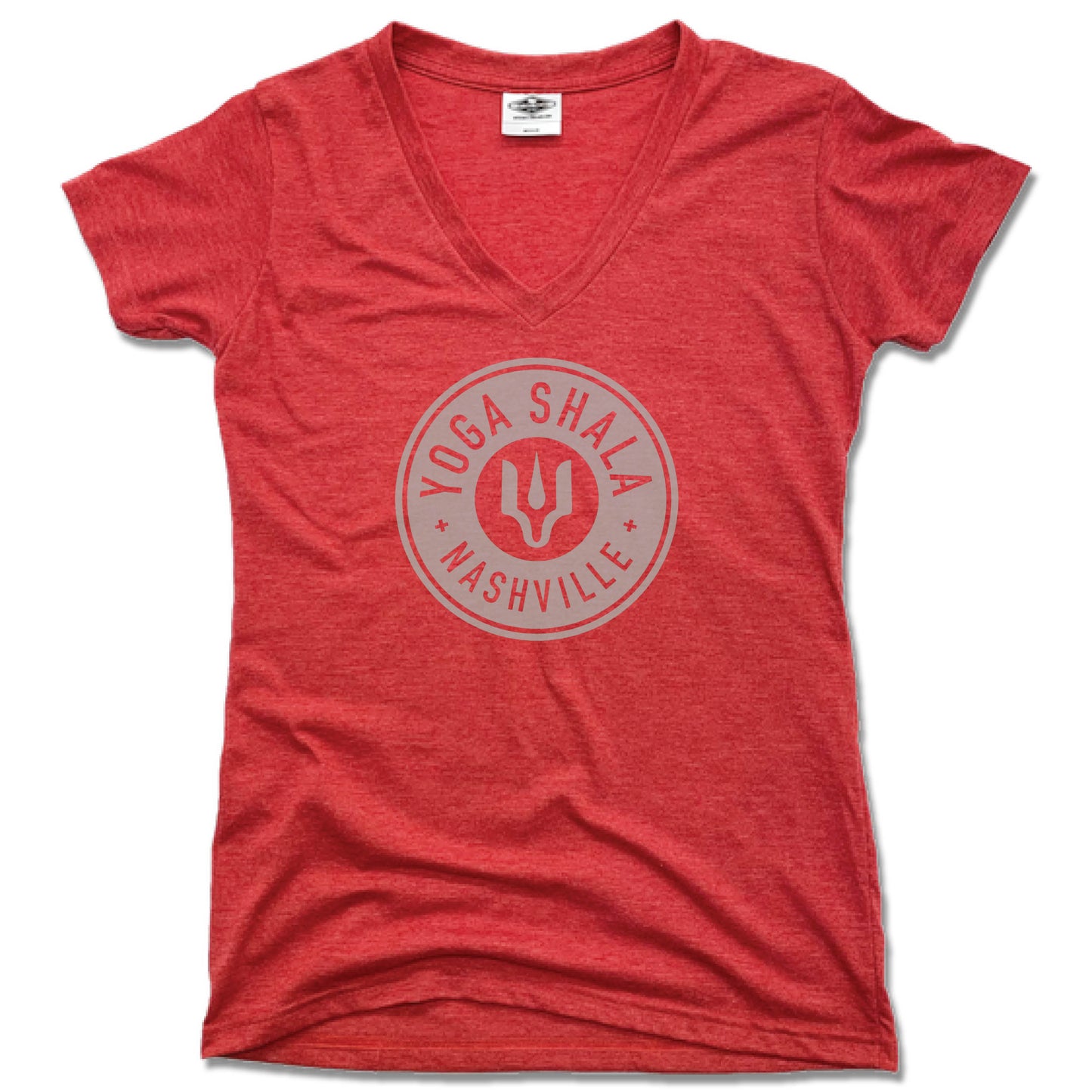YOGA SHALA NASHVILLE | LADIES RED V-NECK | YOGA SHALA GRAY LOGO - My State Threads