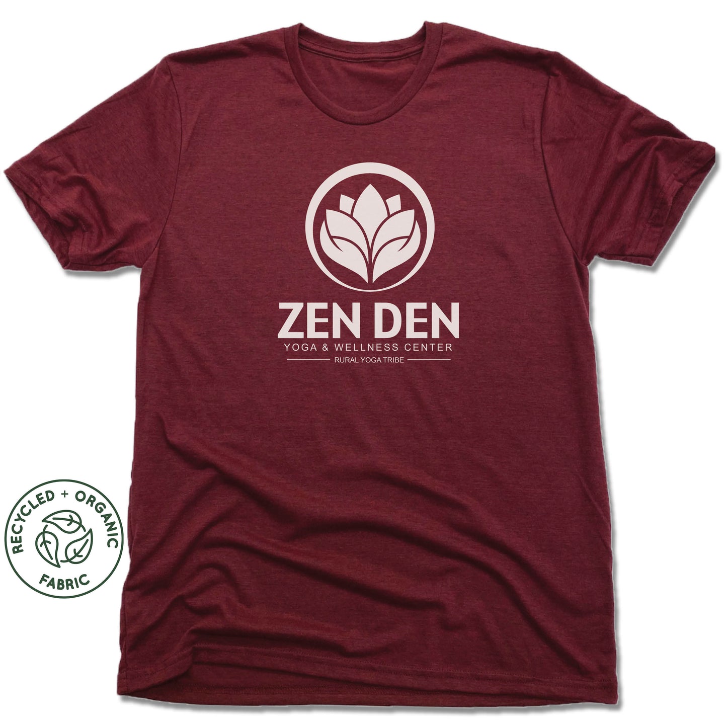 ZEN DEN BY RURAL YOGA TRIBE | UNISEX VINO RED Recycled Tri-Blend | WHITE LOGO