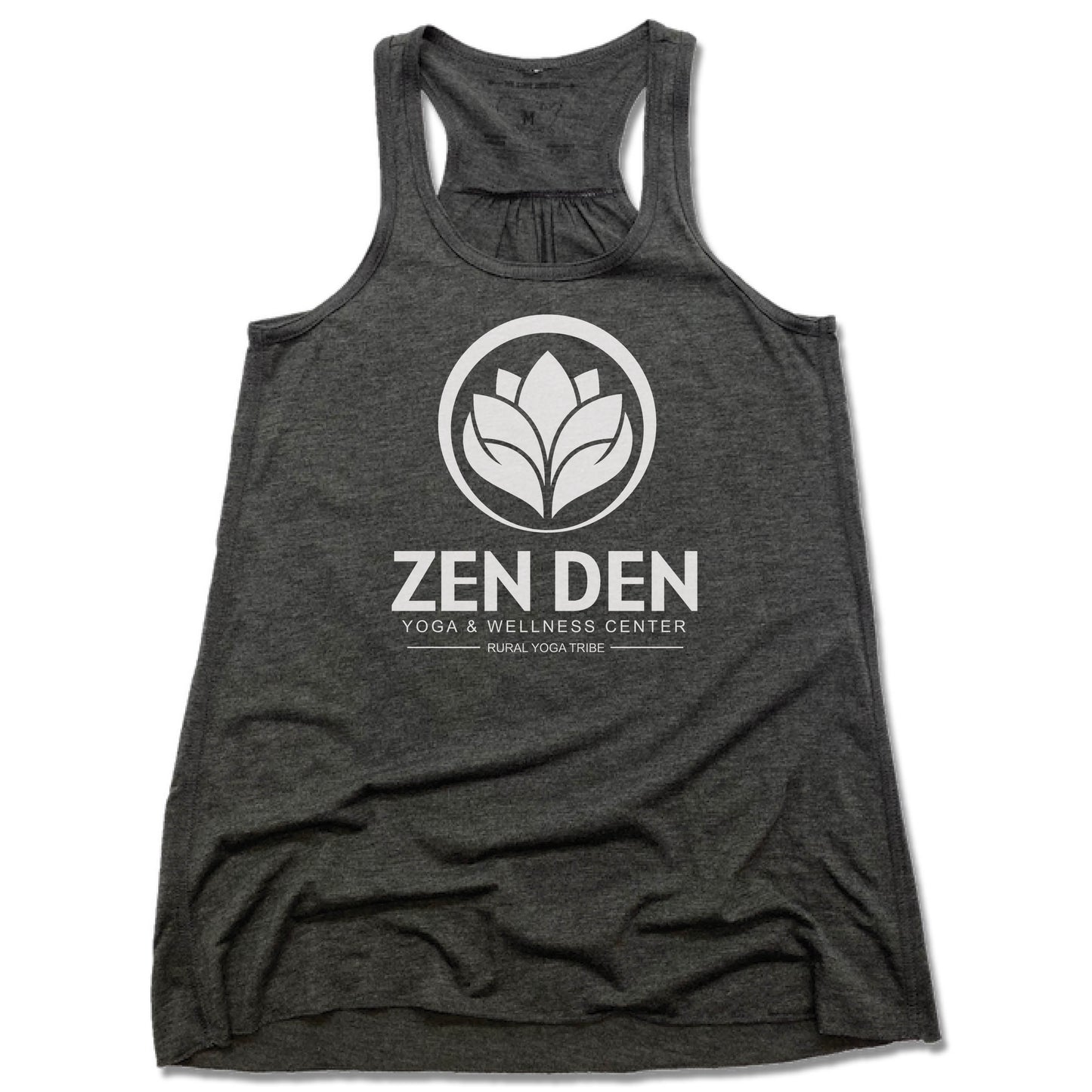 ZEN DEN BY RURAL YOGA TRIBE | LADIES GRAY FLOWY TANK | WHITE LOGO