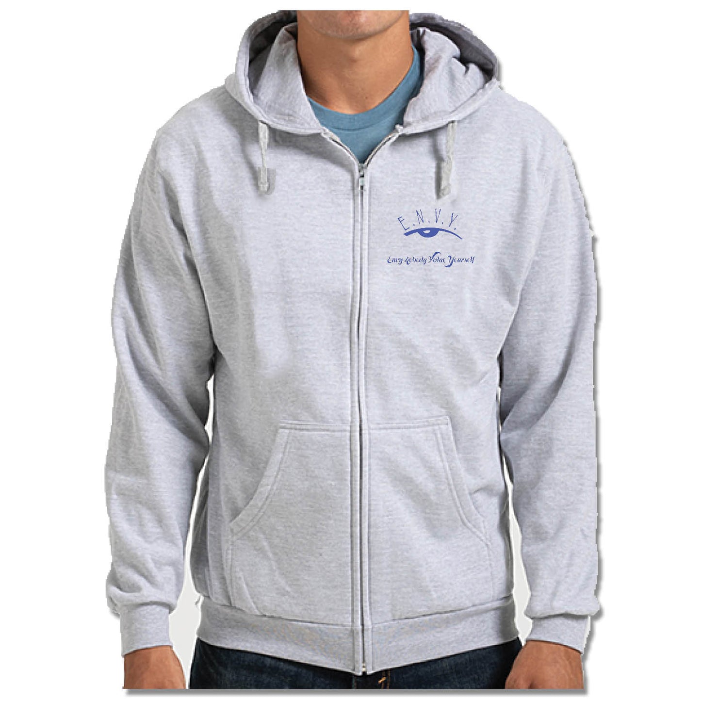 ENVY NOBODY VALUE YOURSELF | LIGHT GRAY ZIP HOODIE | BLUE LOGO