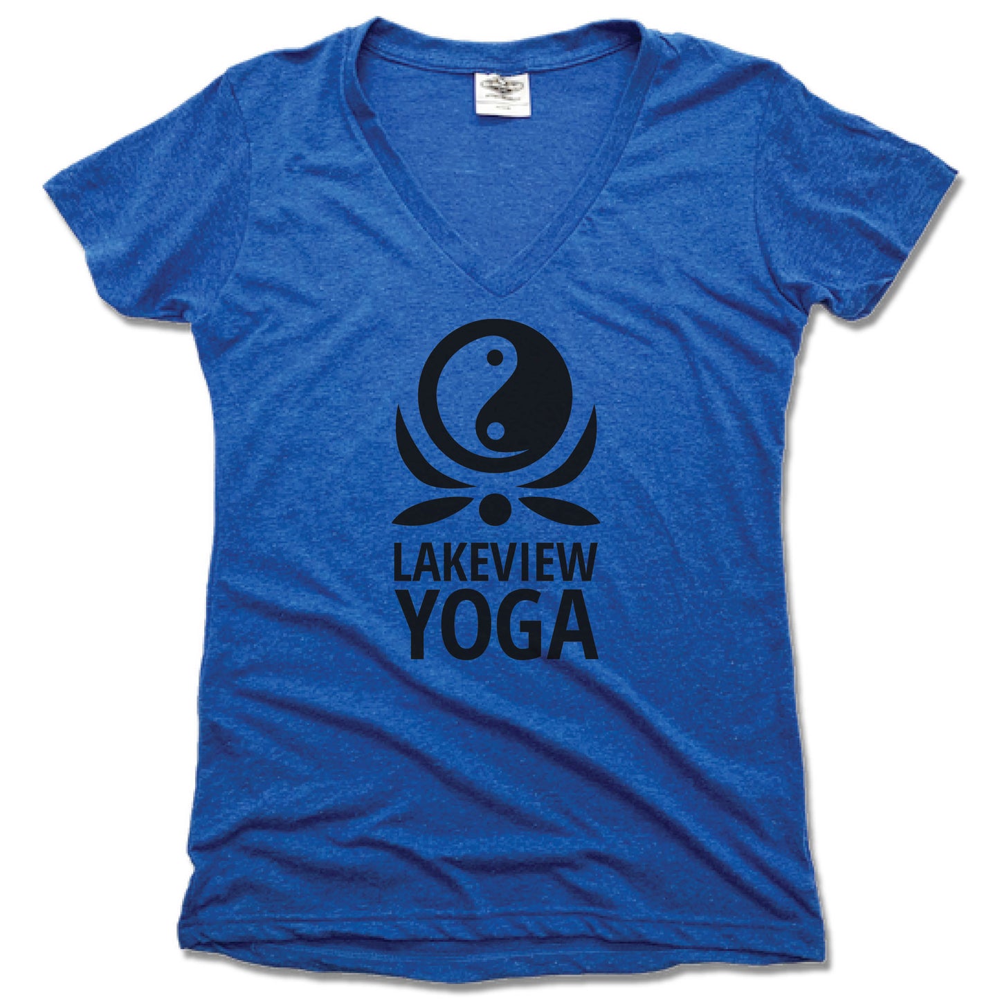 LAKEVIEW YOGA | LADIES BLUE V-NECK | BLACK LOGO