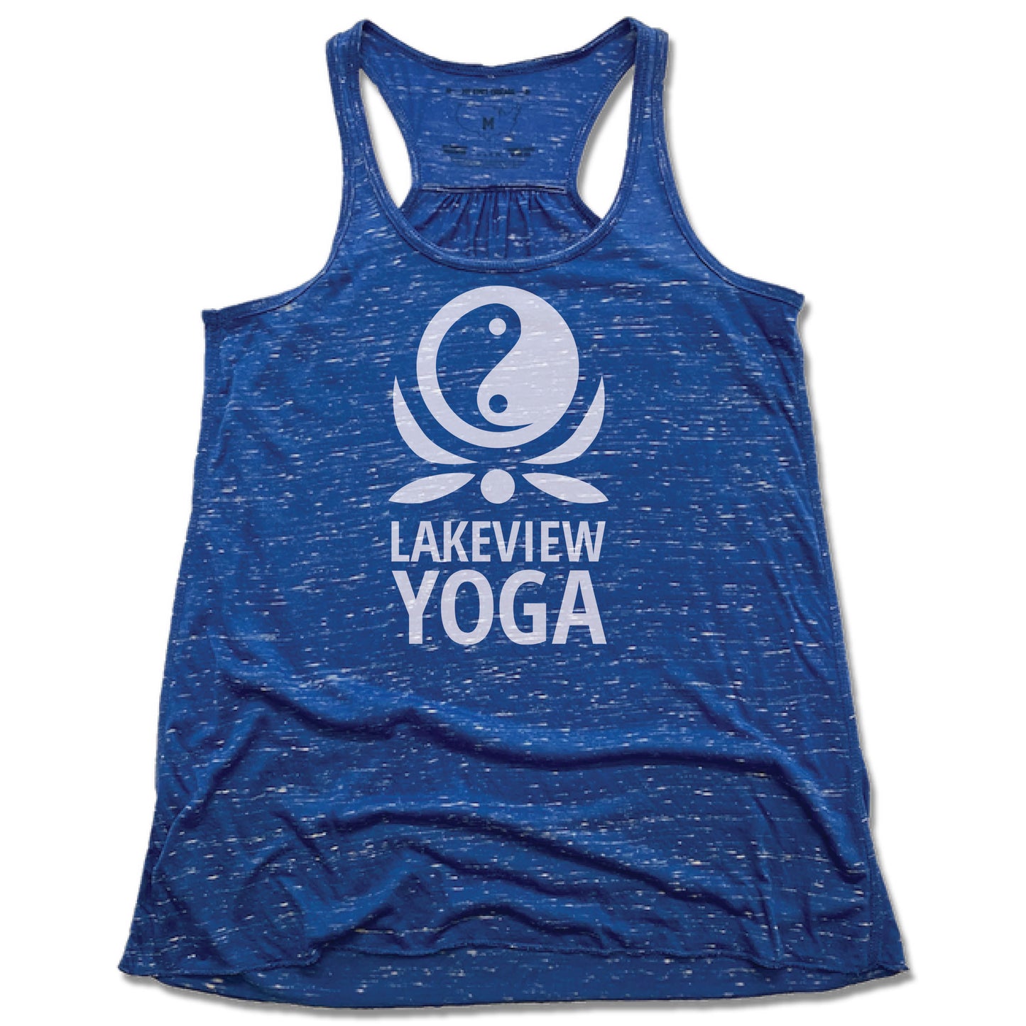 LAKEVIEW YOGA | LADIES BLUE FLOWY TANK | WHITE LOGO