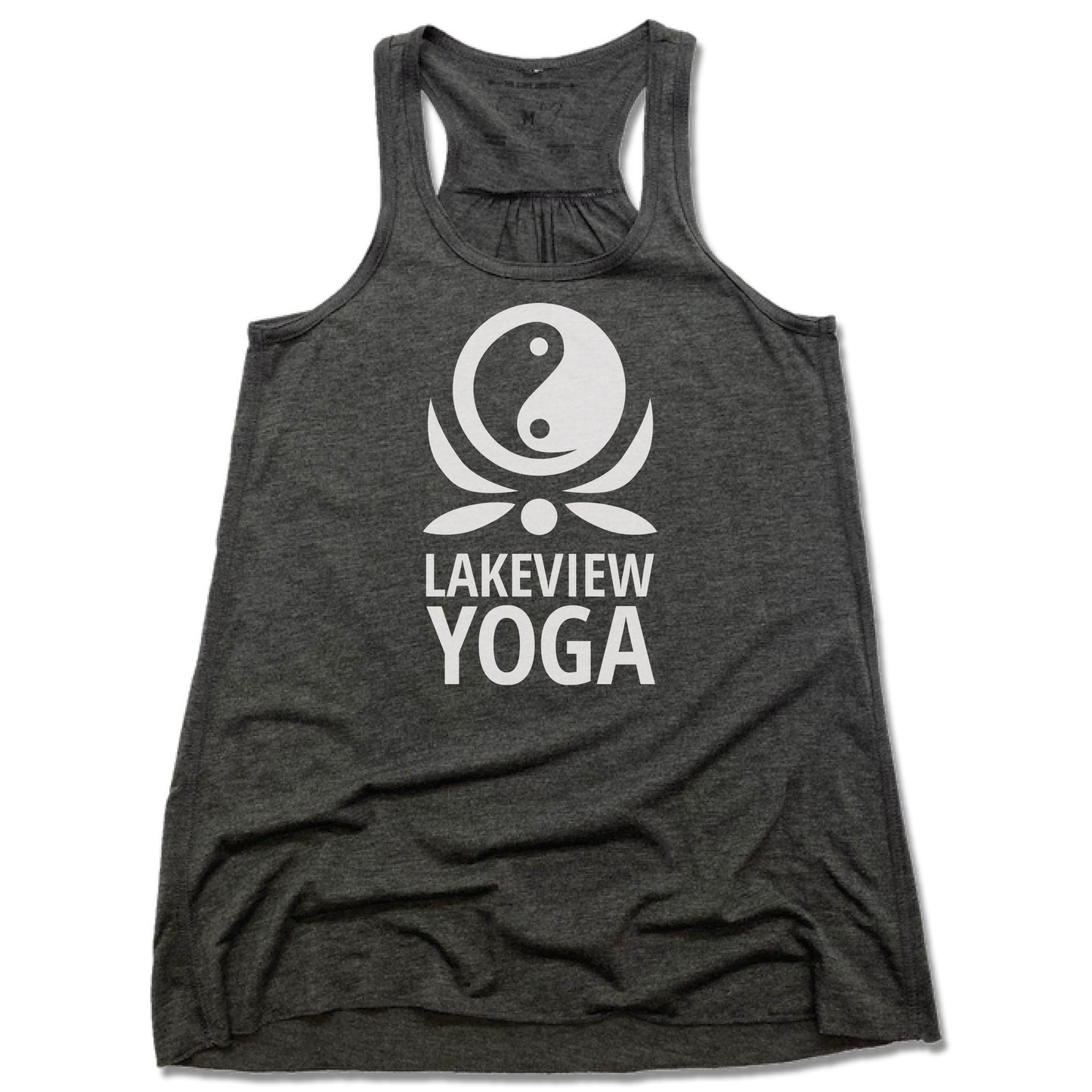 LAKEVIEW YOGA | LADIES GRAY FLOWY TANK | WHITE LOGO