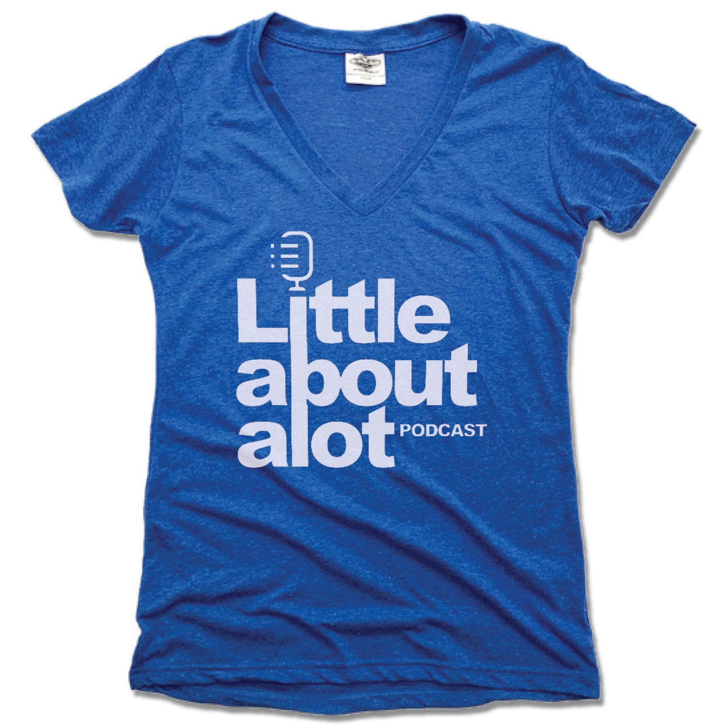 LITTLE ABOUT ALOT PODCAST | LADIES BLUE V-NECK | WHITE LOGO