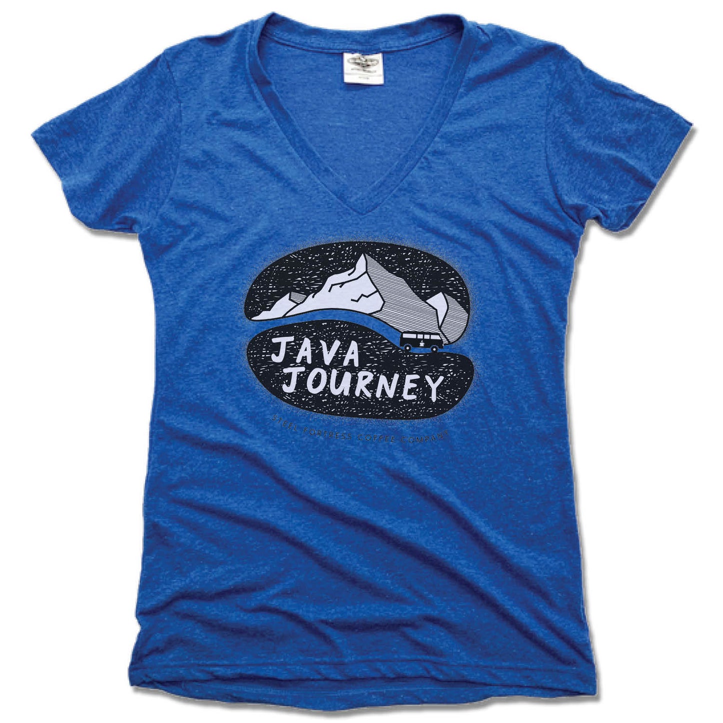 STEEL FORTRESS COFFEE | LADIES BLUE V-NECK | BLACK LOGO