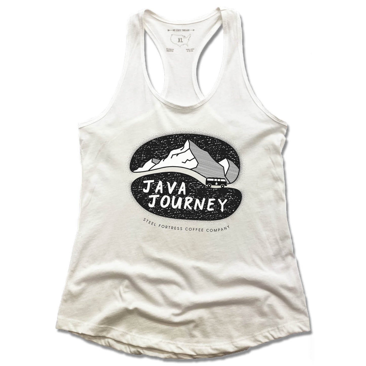 STEEL FORTRESS COFFEE | LADIES WHITE TANK | BLACK LOGO