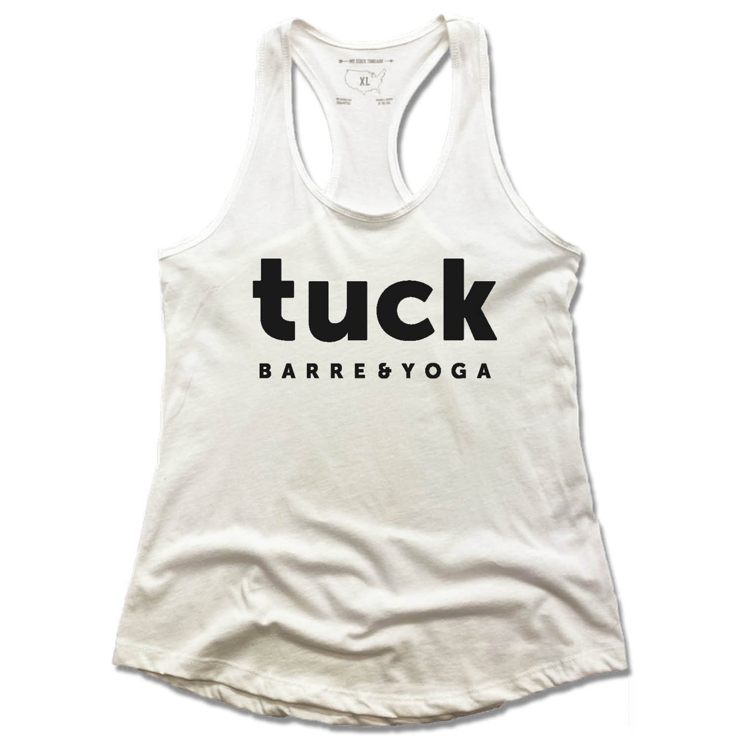 TUCK BARRE & YOGA | LADIES WHITE TANK | BLACK LOGO