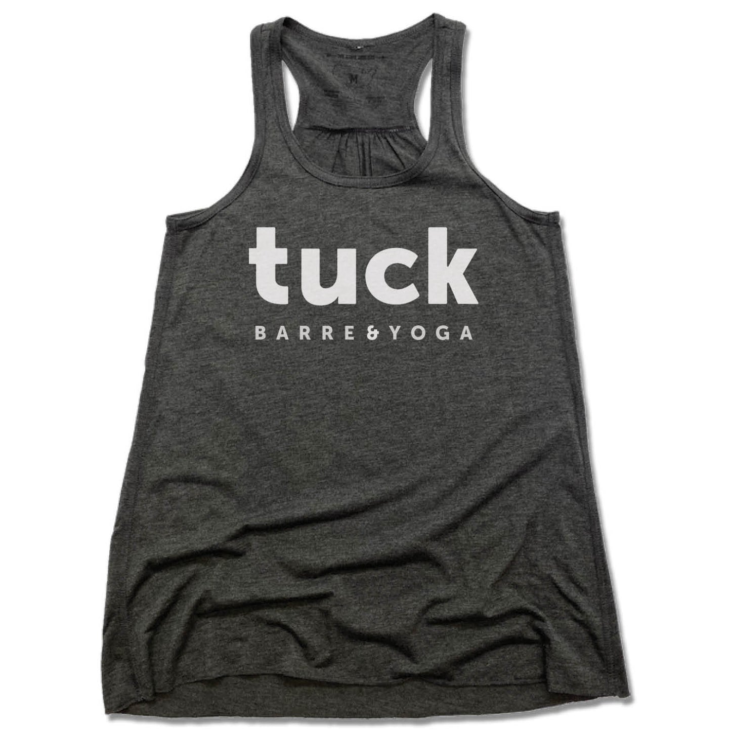 TUCK BARRE & YOGA | LADIES GRAY FLOWY TANK | WHITE LOGO