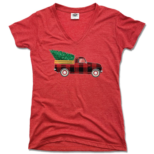 HOLIDAY TRUCK | LADIES RED V-NECK | PLAID