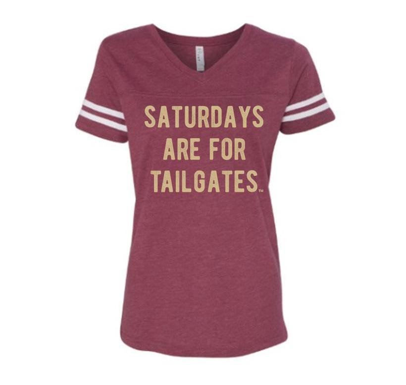 FOOTBALL | BURGUNDY LADIES TEE | SATURDAYS ARE FOR TAILGATES | GOLD