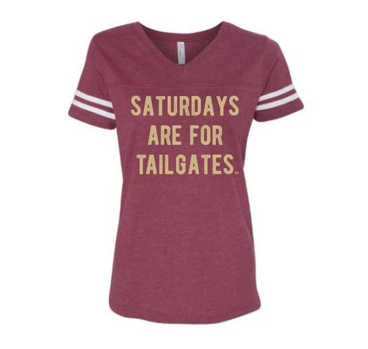 FOOTBALL | BURGUNDY LADIES TEE | SATURDAYS ARE FOR TAILGATES | GOLD