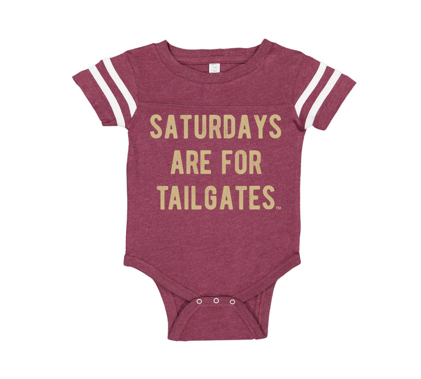 FOOTBALL | BURGUNDY ONESIE | SATURDAYS ARE FOR TAILGATES | GOLD