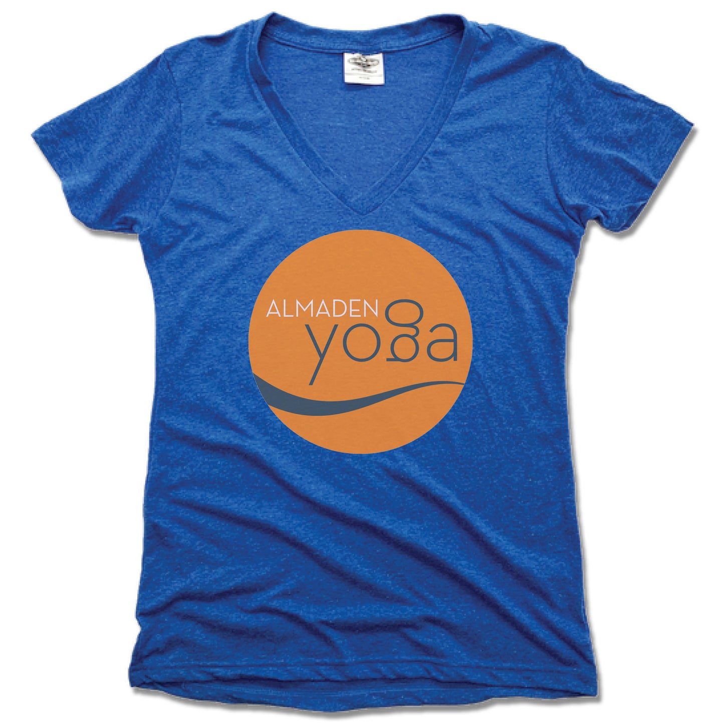 ALMADEN YOGA | LADIES BLUE V-NECK | COLOR LOGO