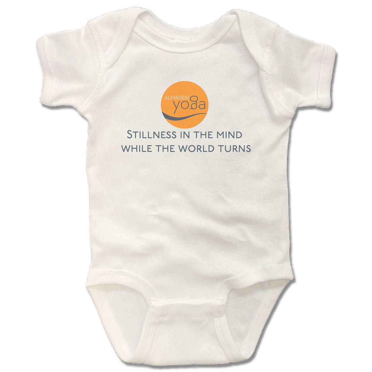 ALMADEN YOGA | WHITE ONESIE | STILLNESS IN THE MIND WHILE THE WORLD TURNS