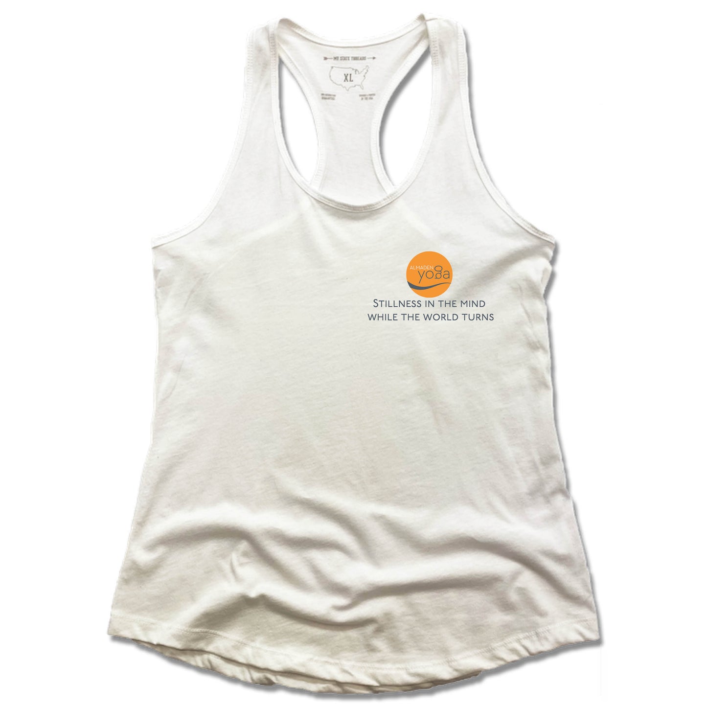 ALMADEN YOGA | LADIES WHITE TANK | STILLNESS IN THE MIND WHILE THE WORLD TURNS