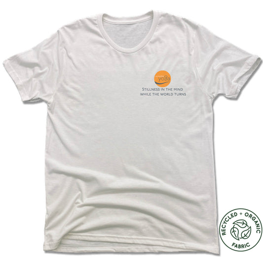 ALMADEN YOGA | UNISEX WHITE Recycled Tri-Blend | STILLNESS IN THE MIND WHILE THE WORLD TURNS