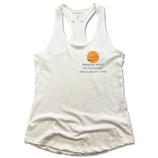 ALMADEN YOGA | LADIES WHITE TANK | BRINGING PEACE TOTHE PLANET ONE CLASS AT A TIME