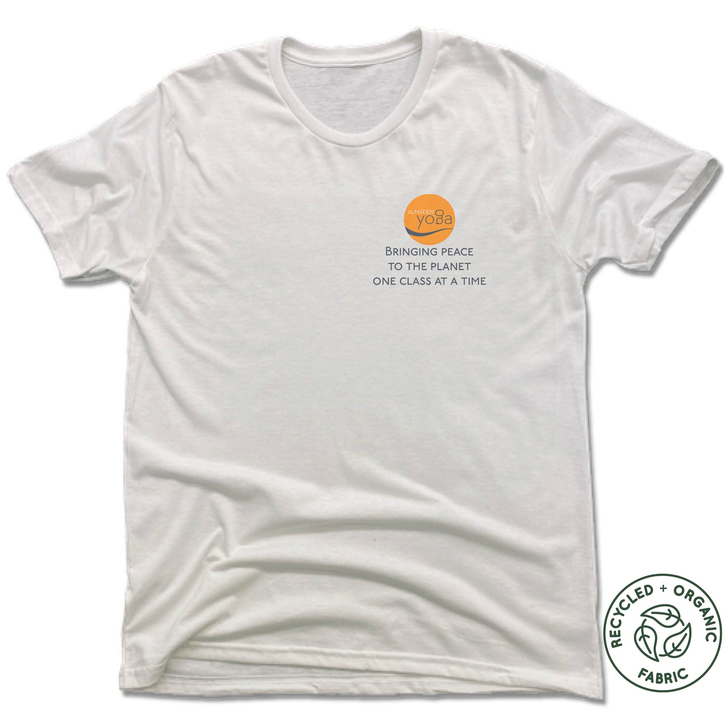 ALMADEN YOGA | UNISEX WHITE Recycled Tri-Blend | BRINGING PEACE TOTHE PLANET ONE CLASS AT A TIME