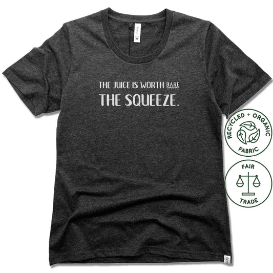 BARE BLENDS | FAIRTRADE FREESET BLACK LADIES TEE | THE SQUEEZE WHITE LOGO