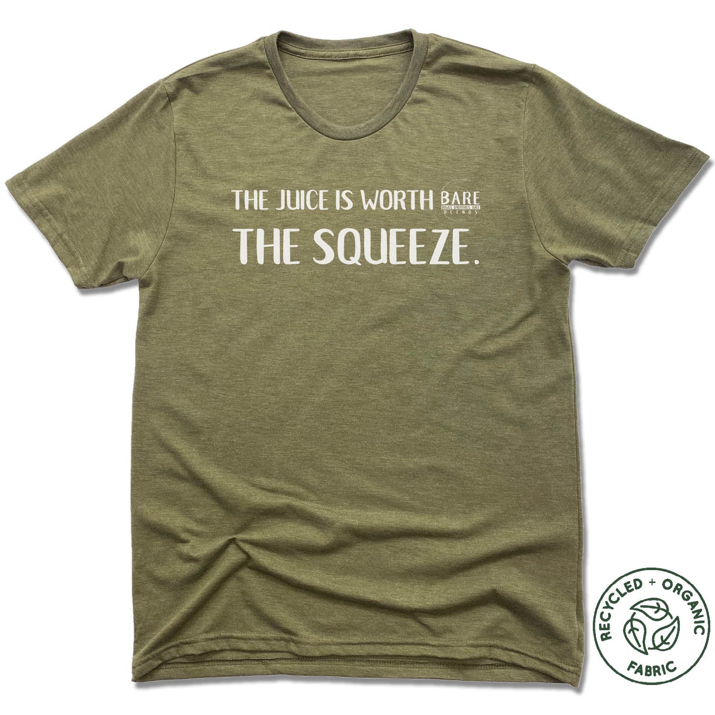 BARE BLENDS | UNISEX OLIVE Recycled Tri-Blend | THE SQUEEZE WHITE LOGO