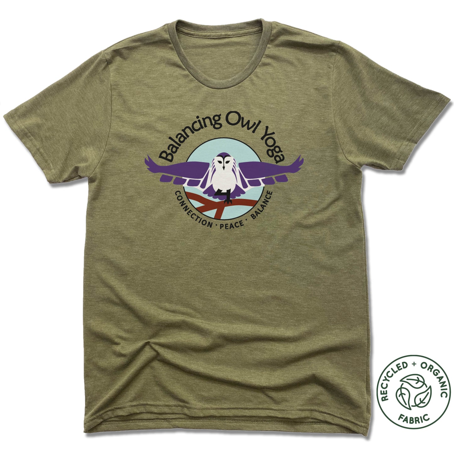 BALANCING OWL YOGA | UNISEX OLIVE Recycled Tri-Blend | BOY BLACK LOGO