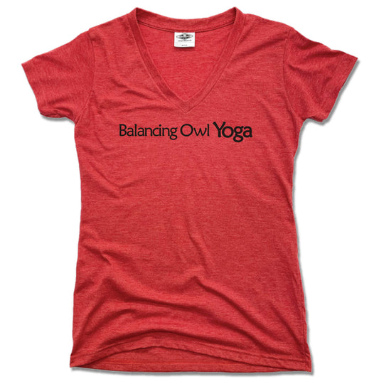 BALANCING OWL YOGA | LADIES RED V-NECK | BLACK LOGO