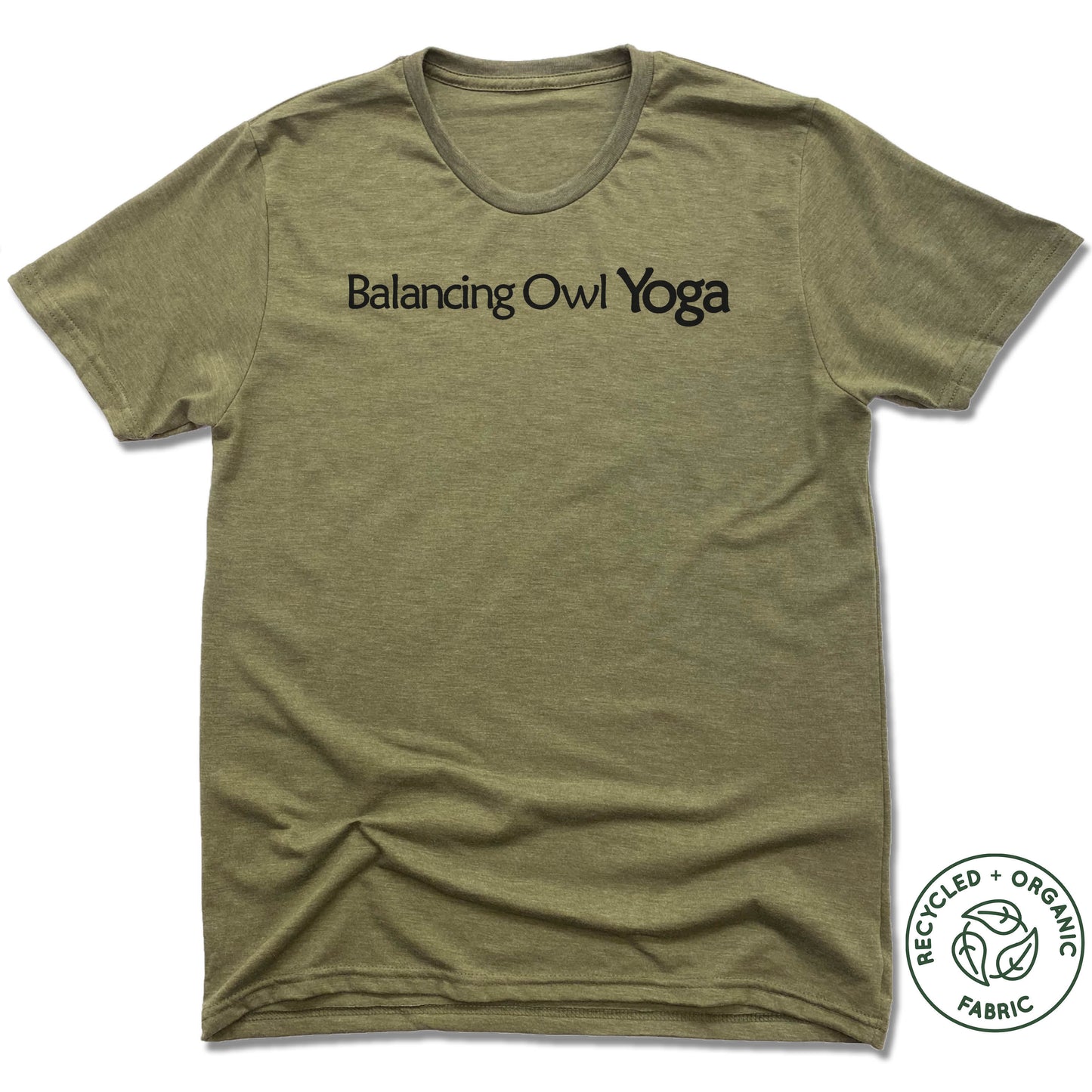BALANCING OWL YOGA | UNISEX OLIVE Recycled Tri-Blend | BLACK LOGO