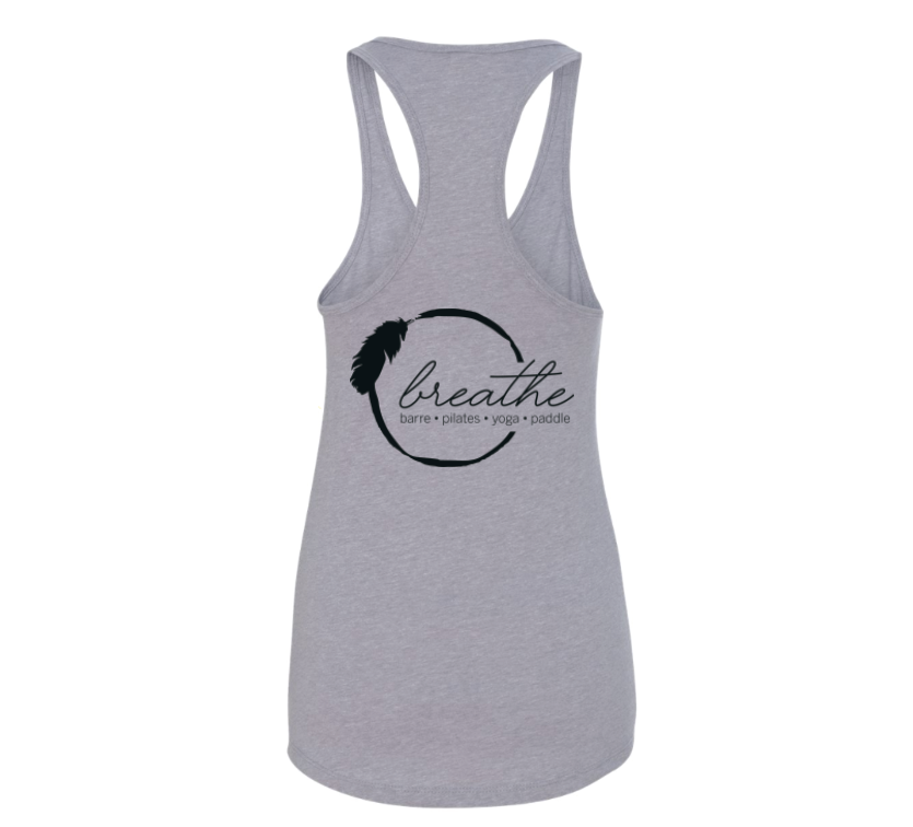 BREATHE PILATES AND BARRE | LADIES GRAY TANK | BACK PRINT BLACK LOGO